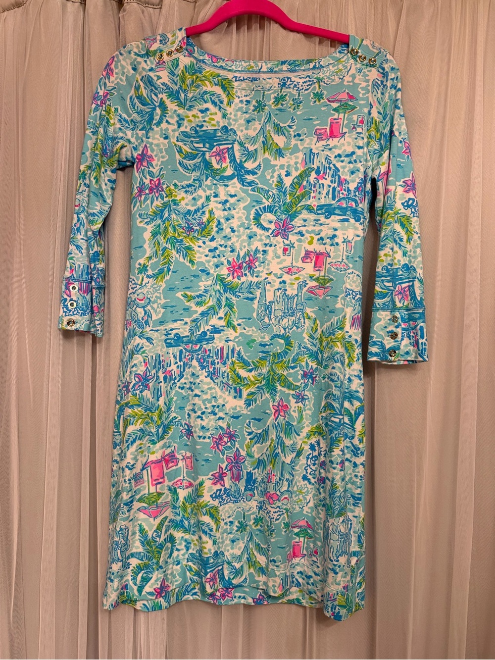 Lilly Pulitzer Aqua Tropical-Print Boatneck Mini Dress with Pink & Green Accents